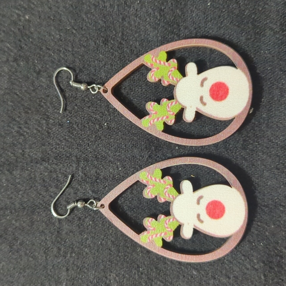 Silver Tone Red Green White Reindeer Wooden Teardrop Holiday Statement Earrings